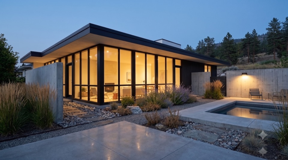 The garden side opens wide in glass and warm light. The face the family lives with.