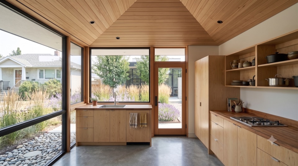 An honest kitchen: plywood, butcher block, a window on the yard.