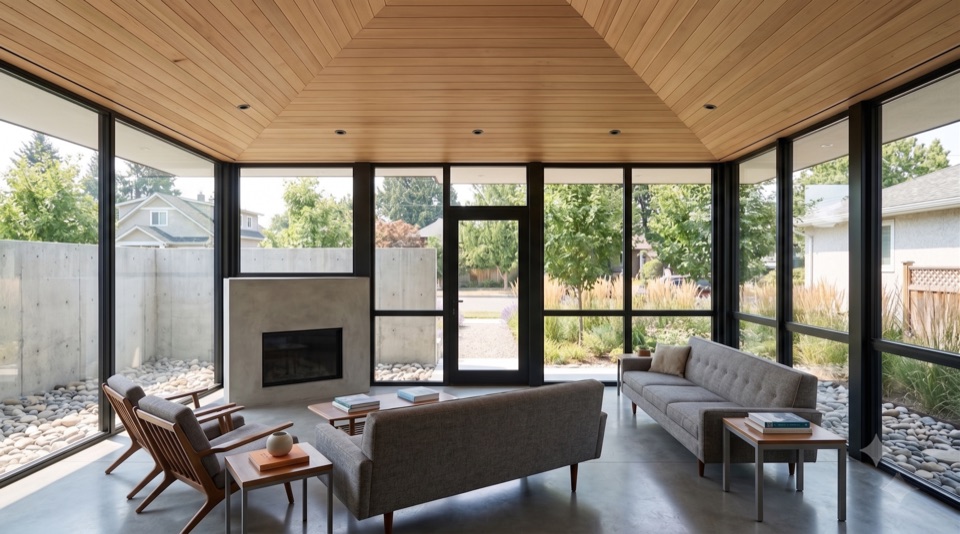 Living room under conventional frame, a full wall of glass to the outside.