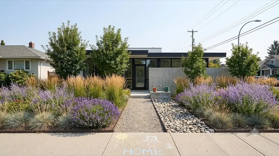From the street: a calm, low face. The house saves its glass for the garden.