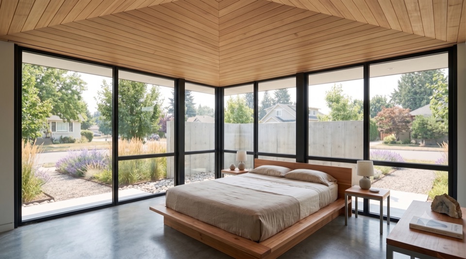 A quiet bedroom that opens to the outdoors.