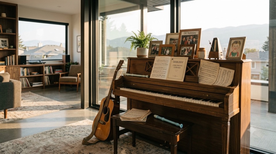 Upright piano with guitar beside floor-to-ceiling windows and family photos on top