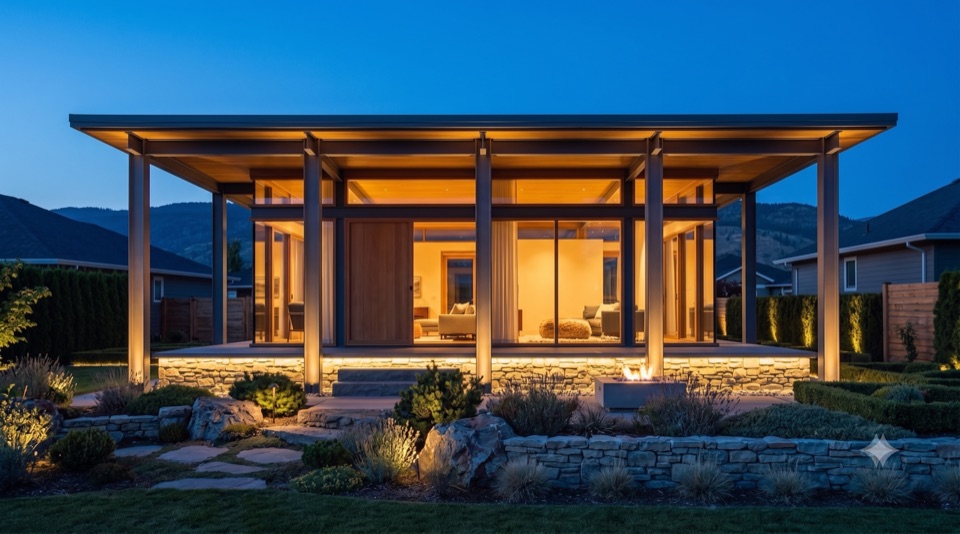 The garden side opens wide in glass and warm light. The face the family lives with.