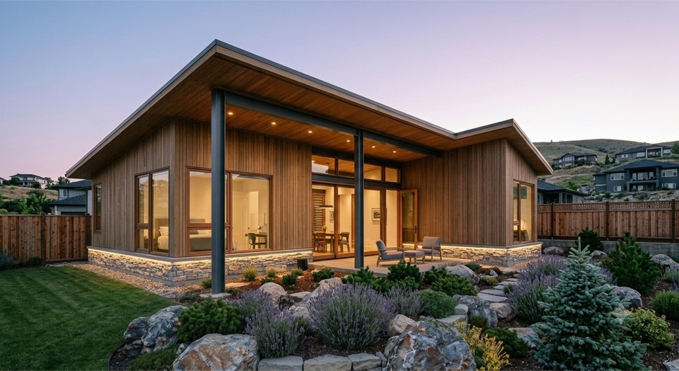 Later: a matching cedar wing on that pad. Same roof, one more room.