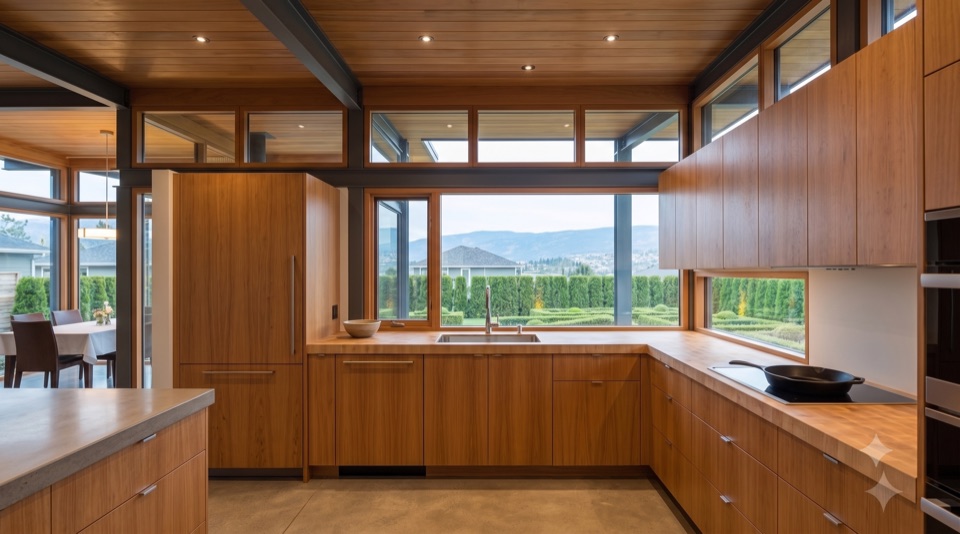 An honest kitchen: plywood, butcher block, a window on the yard.