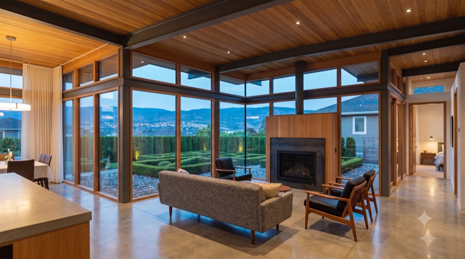 Living room under post and beam, a full wall of glass to the outside.