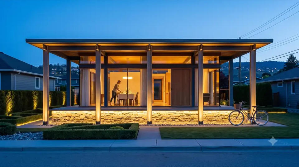 From the street: a calm, low face. The house saves its glass for the garden.