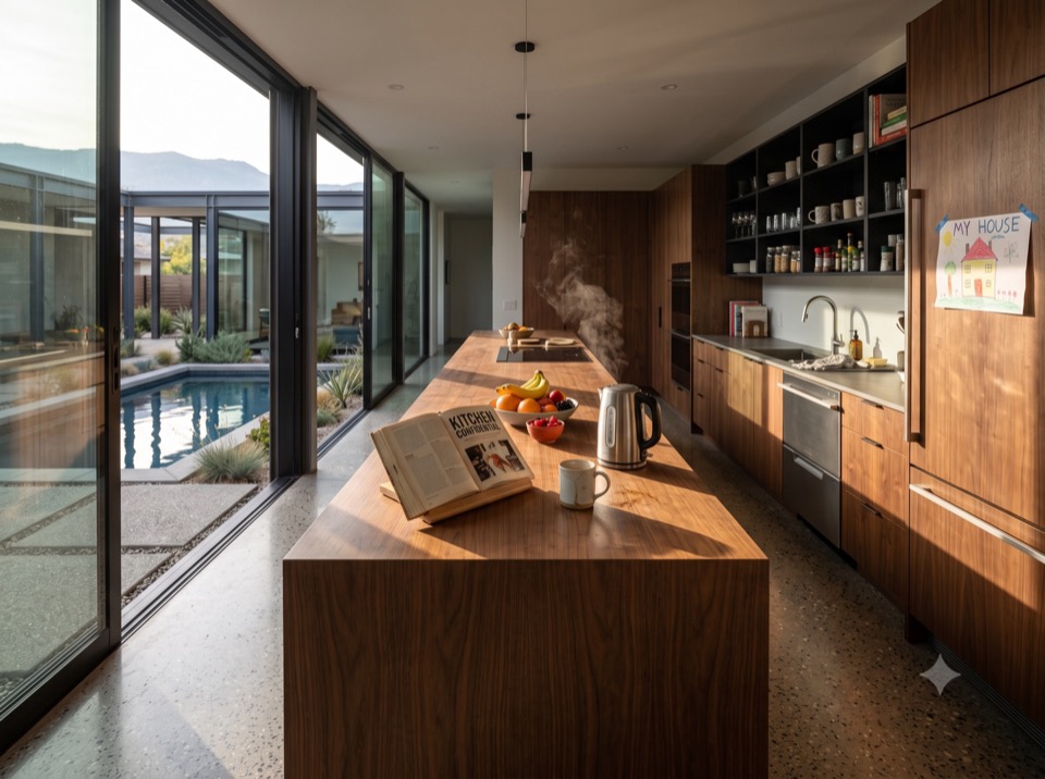 Walnut galley kitchen with steam rising from a pot, courtyard pool through the glass, a child's drawing on the fridge