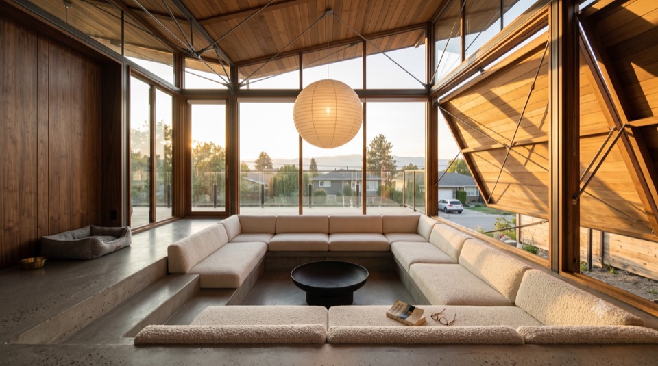 A sunken conversation pit under a wood butterfly roof, warm and bright behind full-height glass