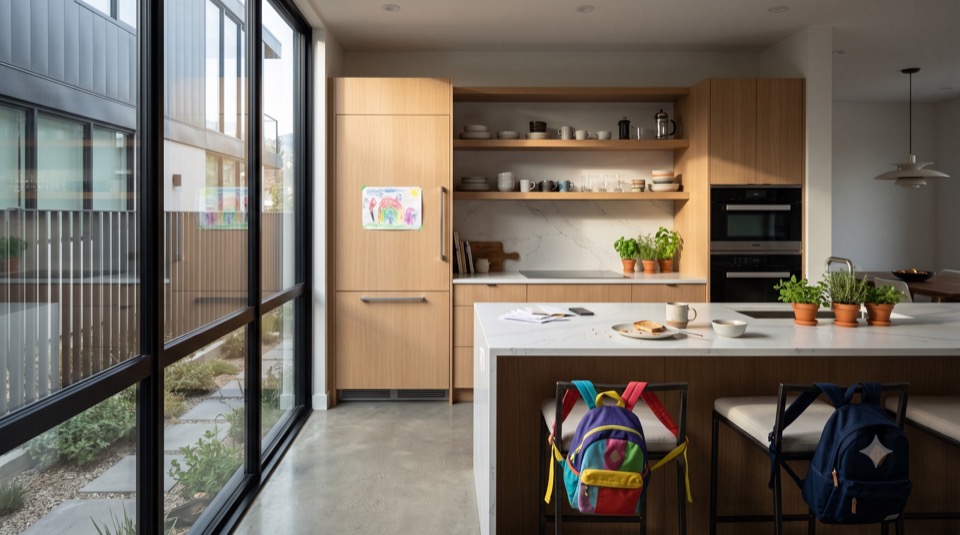 A plain plywood and white kitchen with a child's backpack on a stool and a drawing taped to the fridge