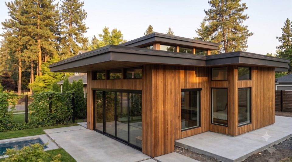 Later: a matching cedar wing on that pad. Same roof, one more room.