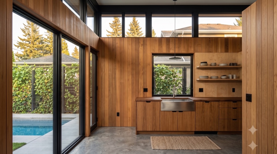 An honest kitchen: plywood, butcher block, a window on the yard.