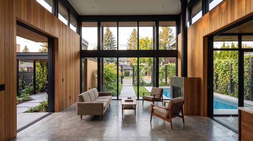 Living room under conventional frame, a full wall of glass to the outside.