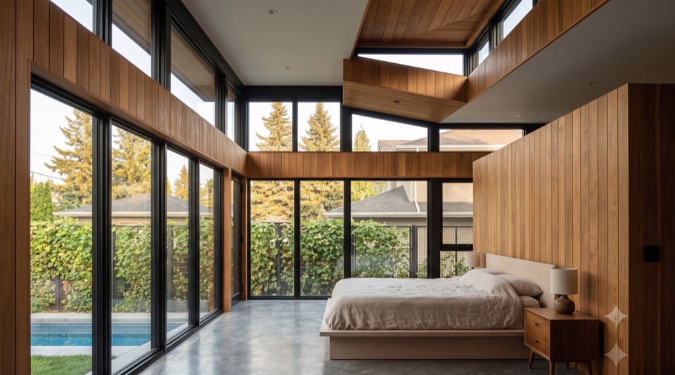 A quiet bedroom that opens to the outdoors.