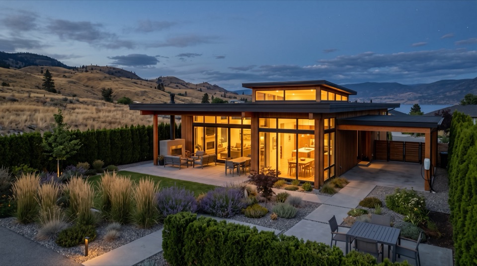 The garden side opens wide in glass and warm light. The face the family lives with.