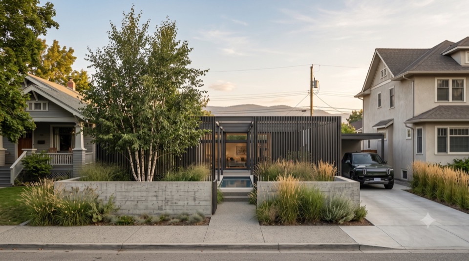 A compact steel and glass courtyard home set between two older craftsman houses