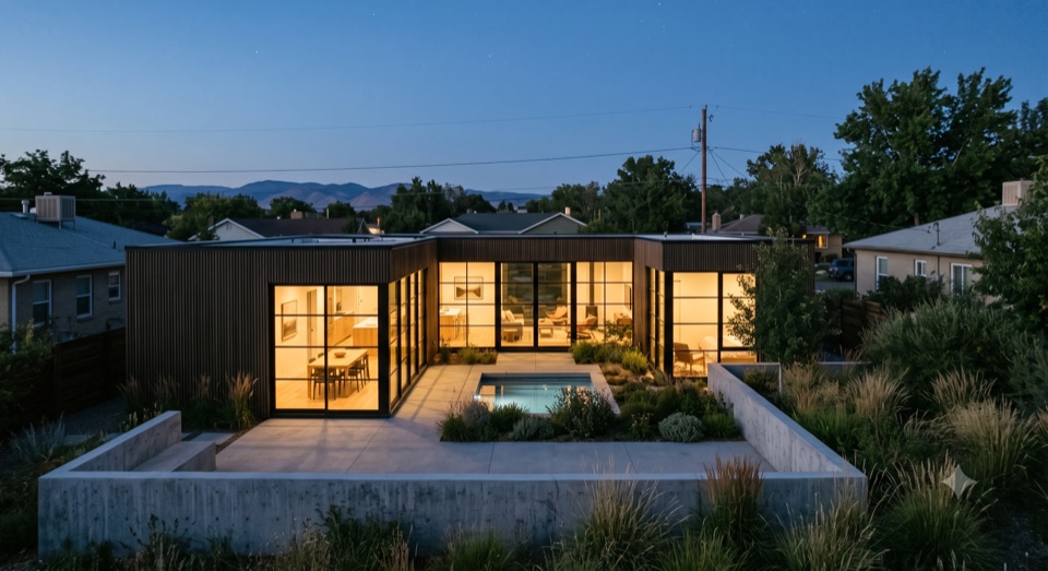 The garden side opens wide in glass and warm light. The face the family lives with.