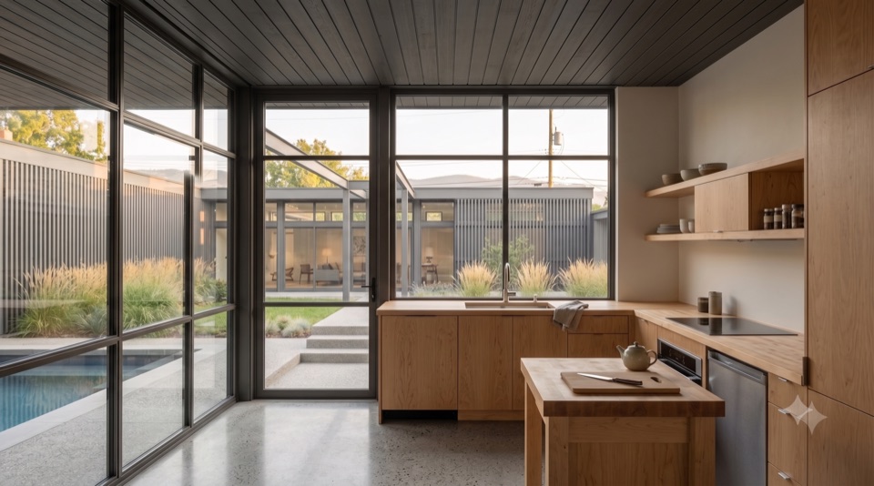 An honest kitchen: plywood, butcher block, a window on the yard.