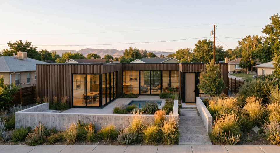 From the street: a calm, low face. The house saves its glass for the garden.