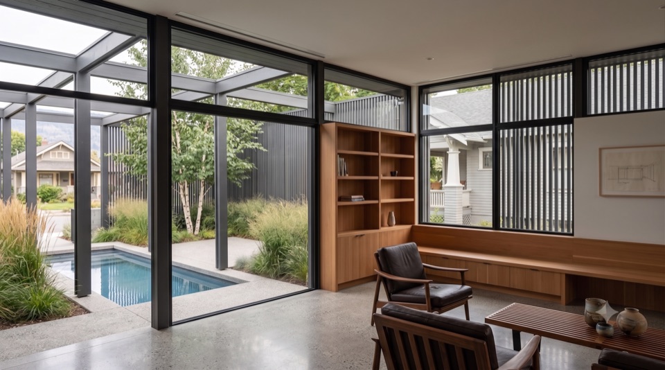 A glazed courtyard open to the sky.