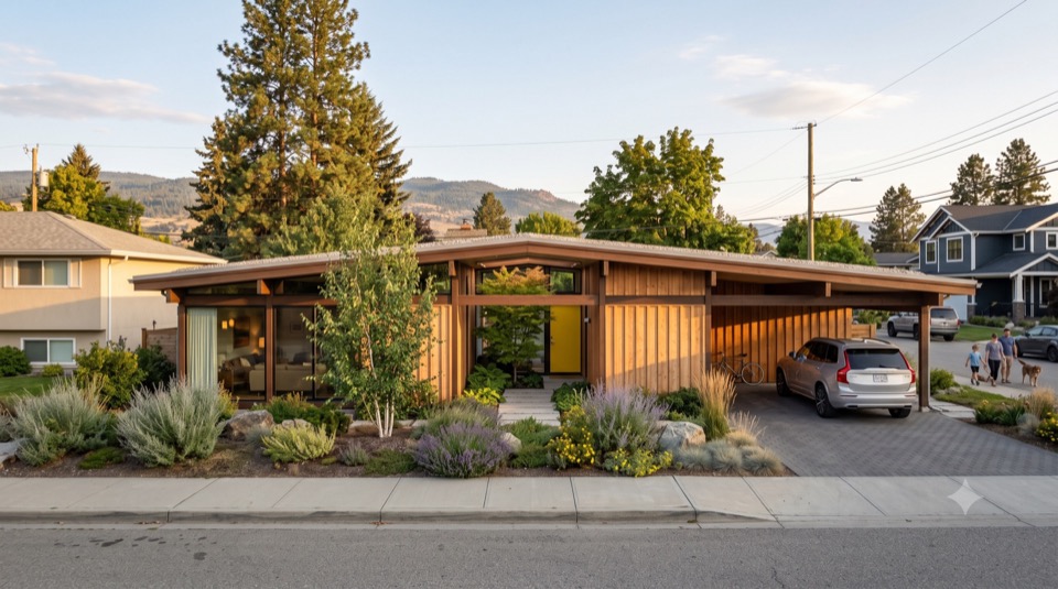 Low cedar home with a folded gable roof, carport, and drought-tolerant garden