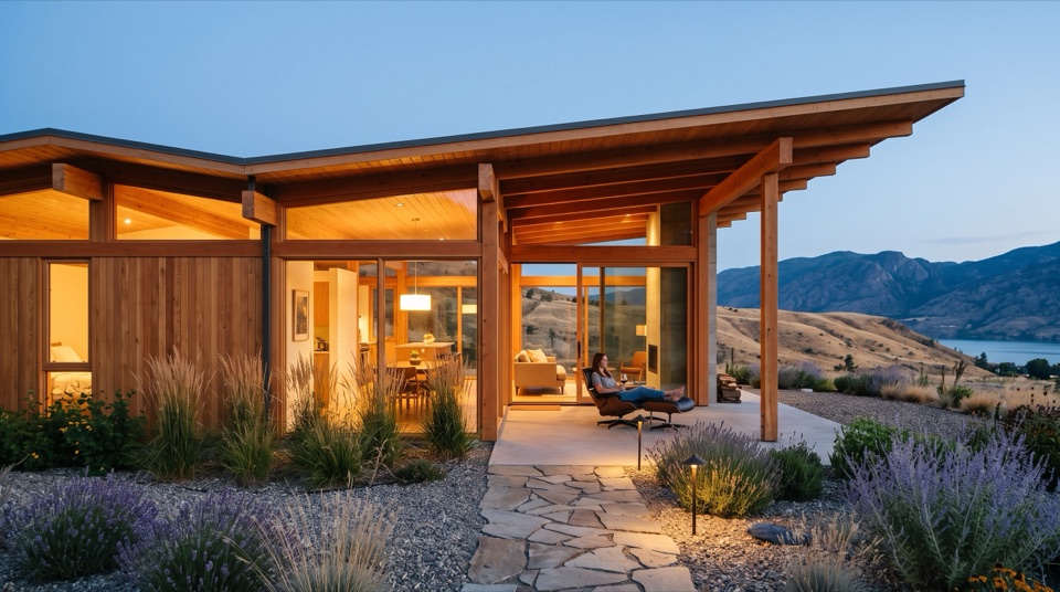 The garden side opens wide in glass and warm light. The face the family lives with.