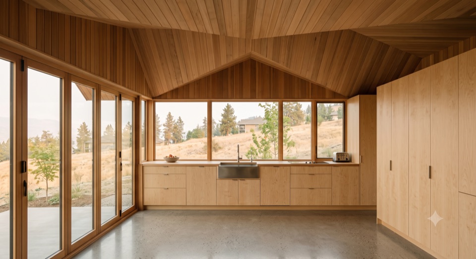 An honest kitchen: plywood, butcher block, a window on the yard.
