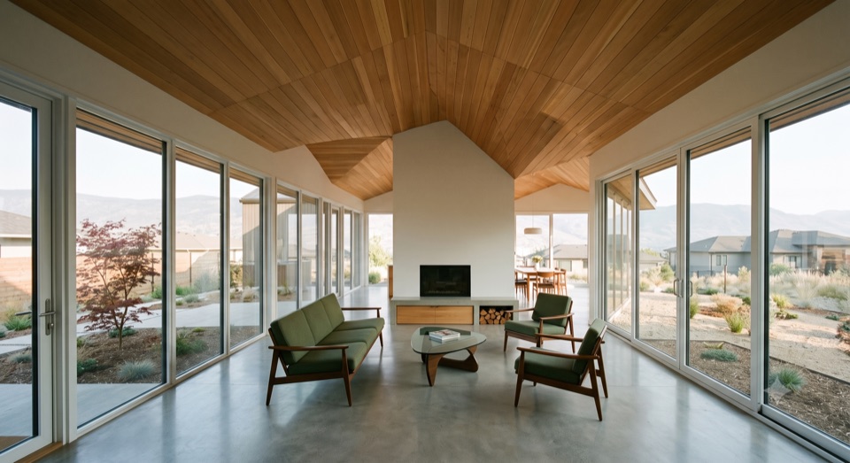 Living room under timber frame, a full wall of glass to the outside.