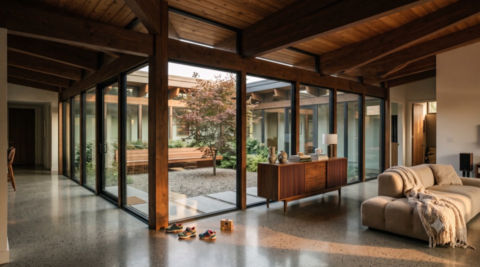 Post-and-beam living room opening onto a small planted atrium courtyard, toys on the terrazzo floor