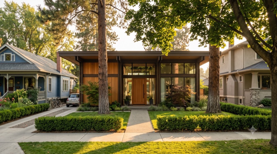 Cedar and glass pavilion home between two older houses in golden evening light