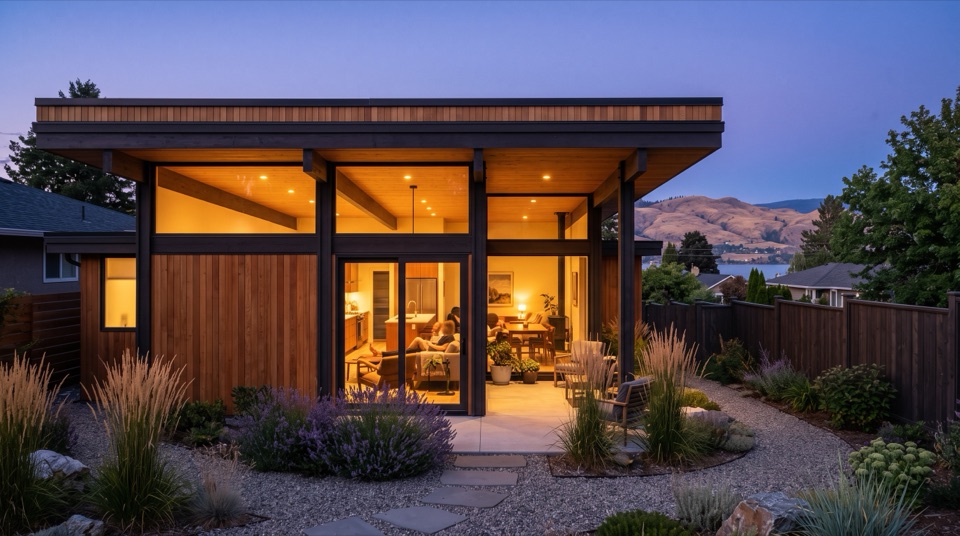The garden side opens wide in glass and warm light. The face the family lives with.