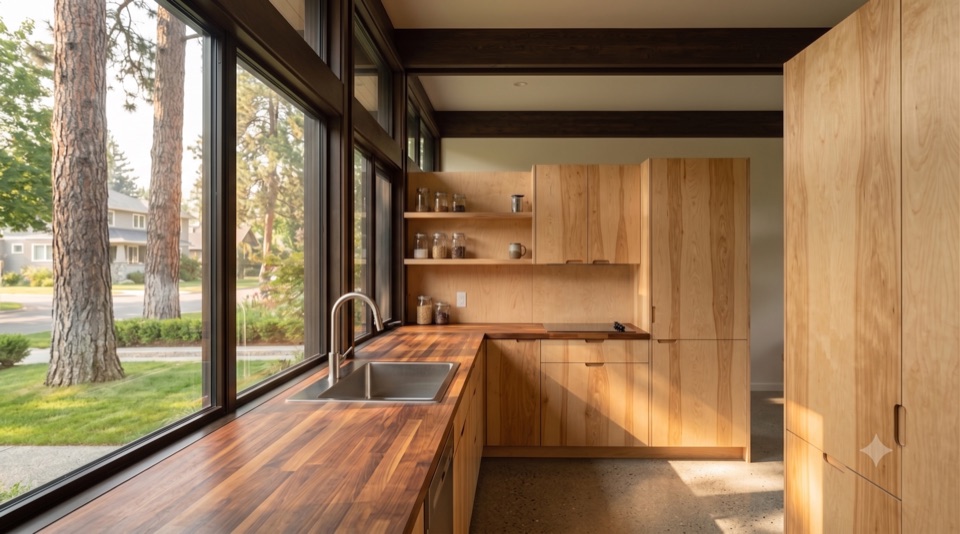 An honest kitchen: plywood, butcher block, a window on the yard.