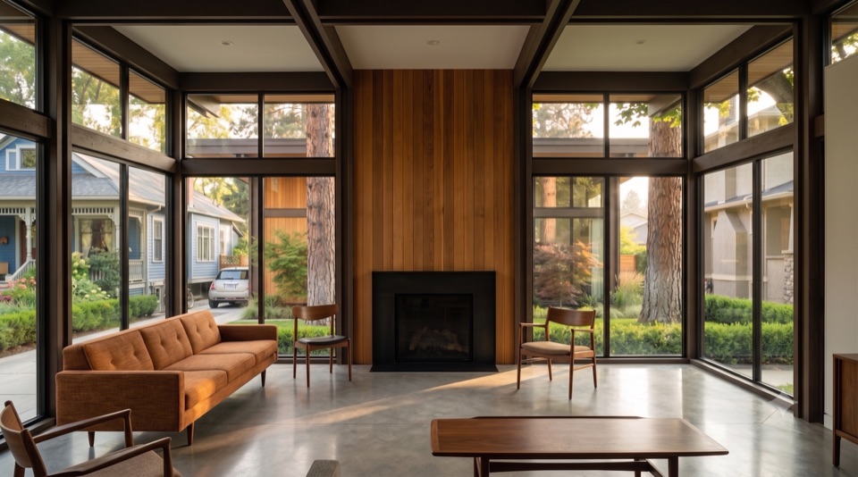 Living room under post and beam, a full wall of glass to the outside.
