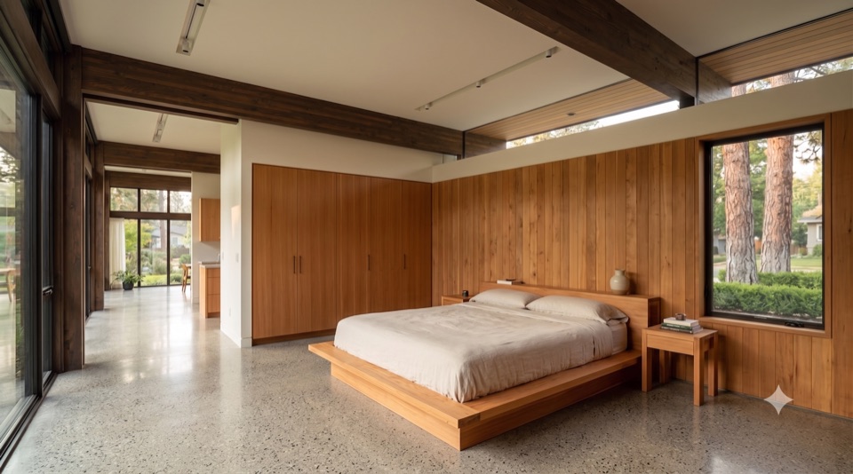 A quiet bedroom that opens to the outdoors.