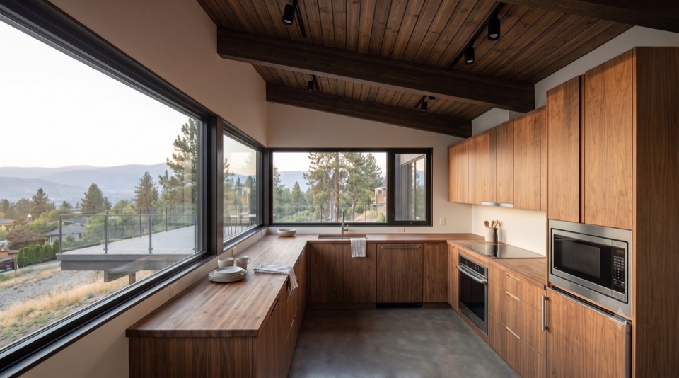 An honest kitchen: plywood, butcher block, a window on the yard.
