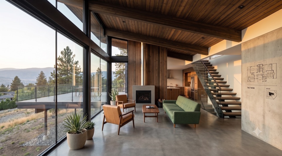 Living room under timber frame, a full wall of glass to the outside.