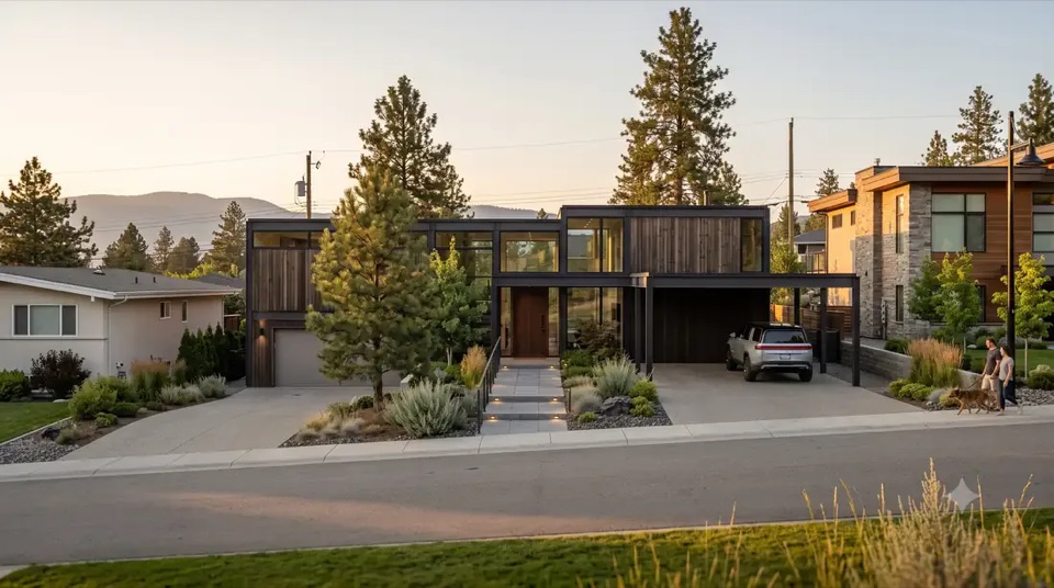 From the street: a calm, low face. The house saves its glass for the garden.