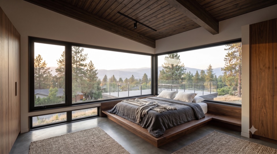 A quiet bedroom that opens to the outdoors.