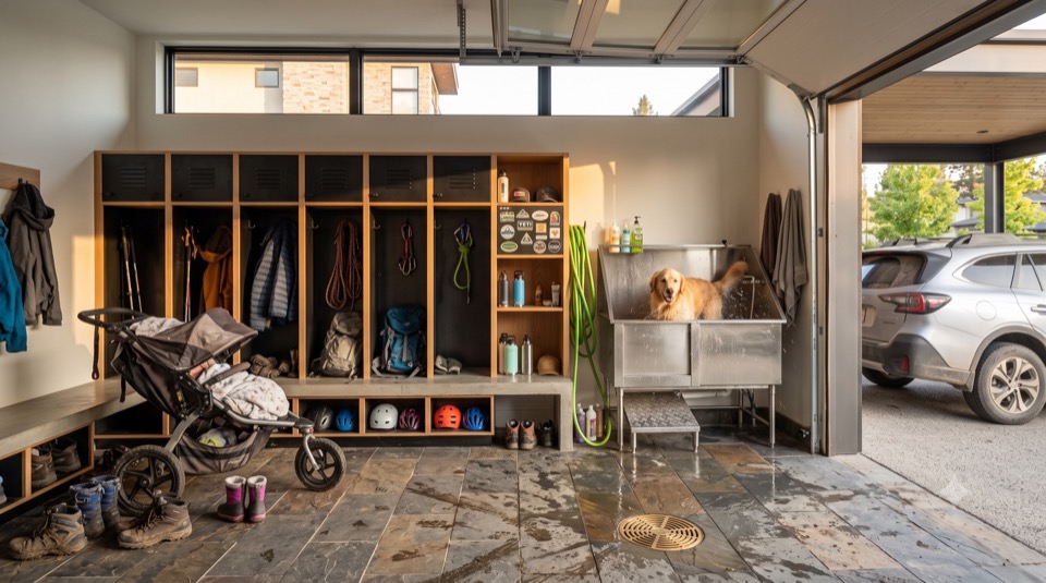 Garage mudroom with cubbies, a stroller, kids' boots, and a dog wash station