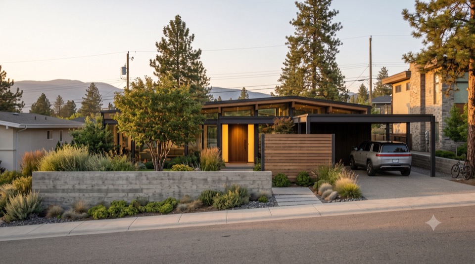Low cedar house behind a stone garden wall with a covered carport