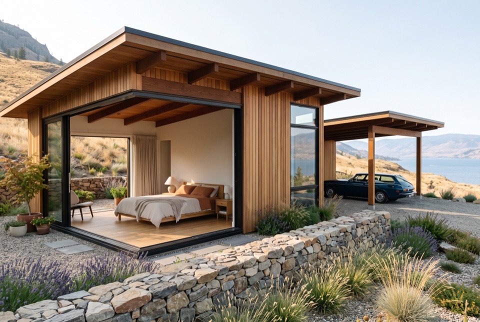 Bedroom that slides open to a private gravel court. Two beds, one bath, no waste.
