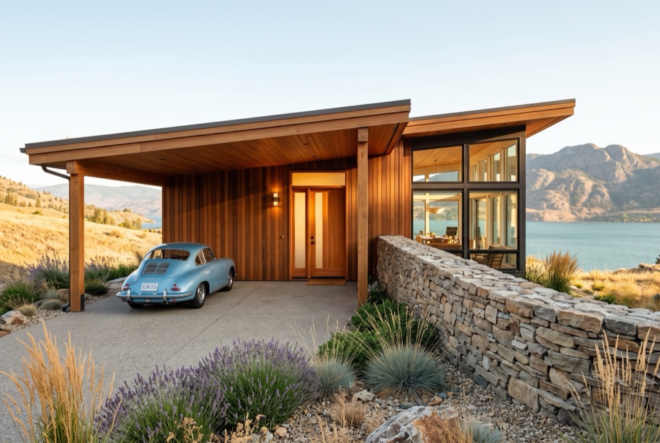 Covered cedar carport off the wall. Car, bikes, a dry way to the door.