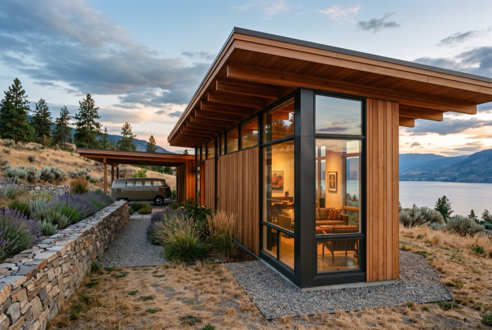 Where the thin shed roof meets full-height glass, the light gets in low and long.