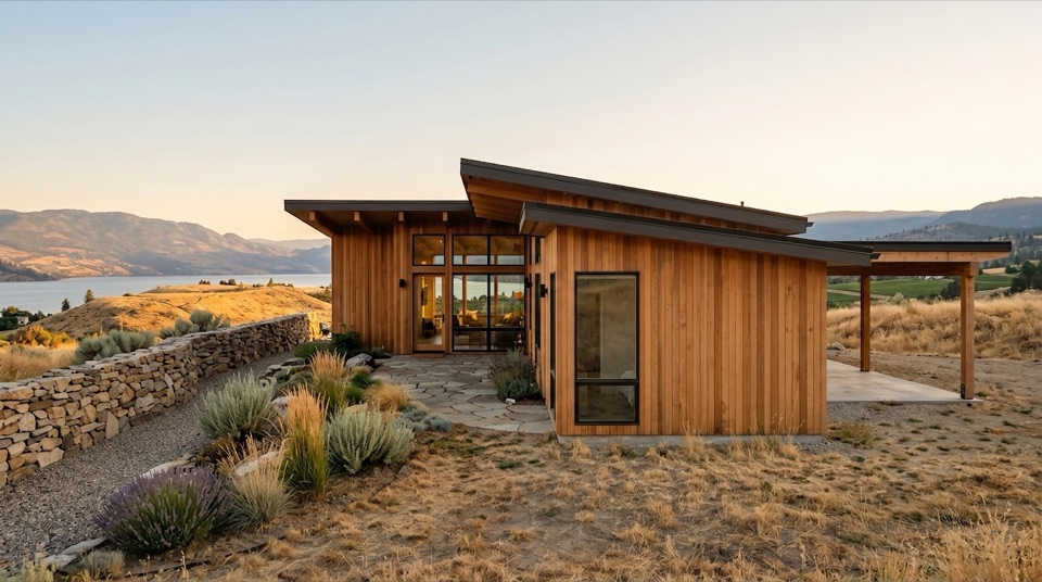 Later: a matching cedar wing on that pad. Same roof, same wall, one more room.