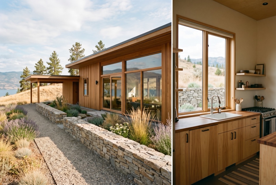 An honest kitchen: vertical-grain plywood, butcher block, a window on the stone wall.