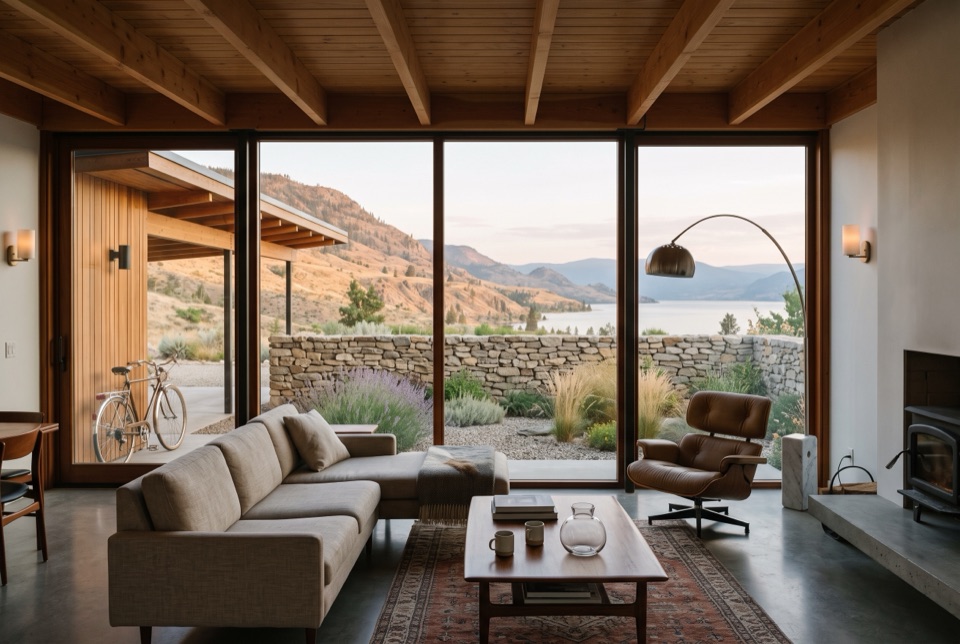 Living room under an exposed fir post-and-beam roof, glass wall onto the walled garden.