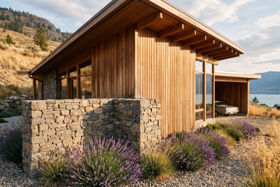 Dry-stacked local stone meeting cedar. Both age; neither needs paint.