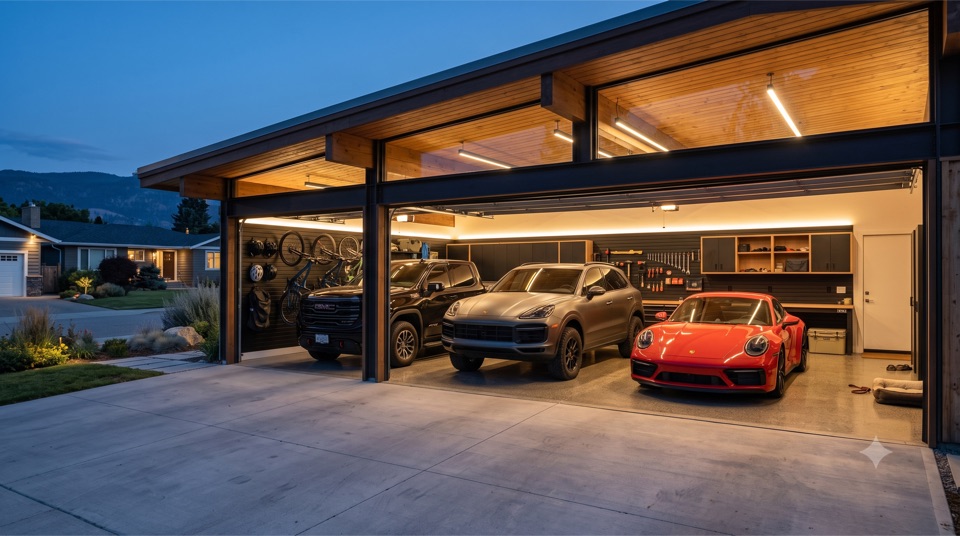 Post-and-beam carport at night, workshop wall