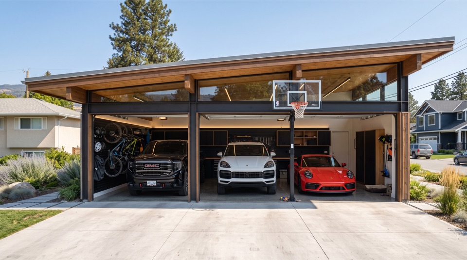 Carport with basketball hoop and bikes overhead
