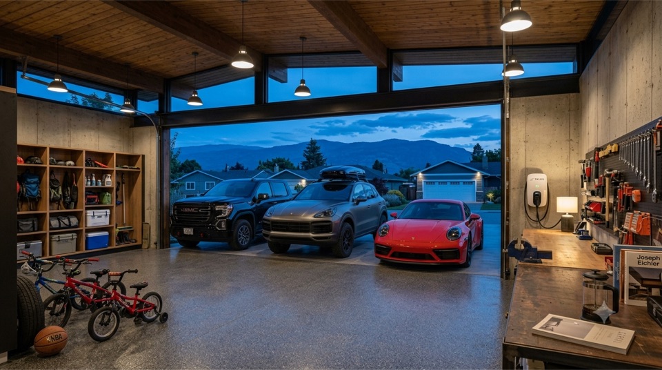 Garage interior at dusk, mountain view through the door
